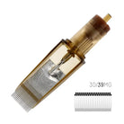 Transparent amber-colored kwadron cartridges combat magnum with metallic silver needles and brown plastic cap tattoo machine needle