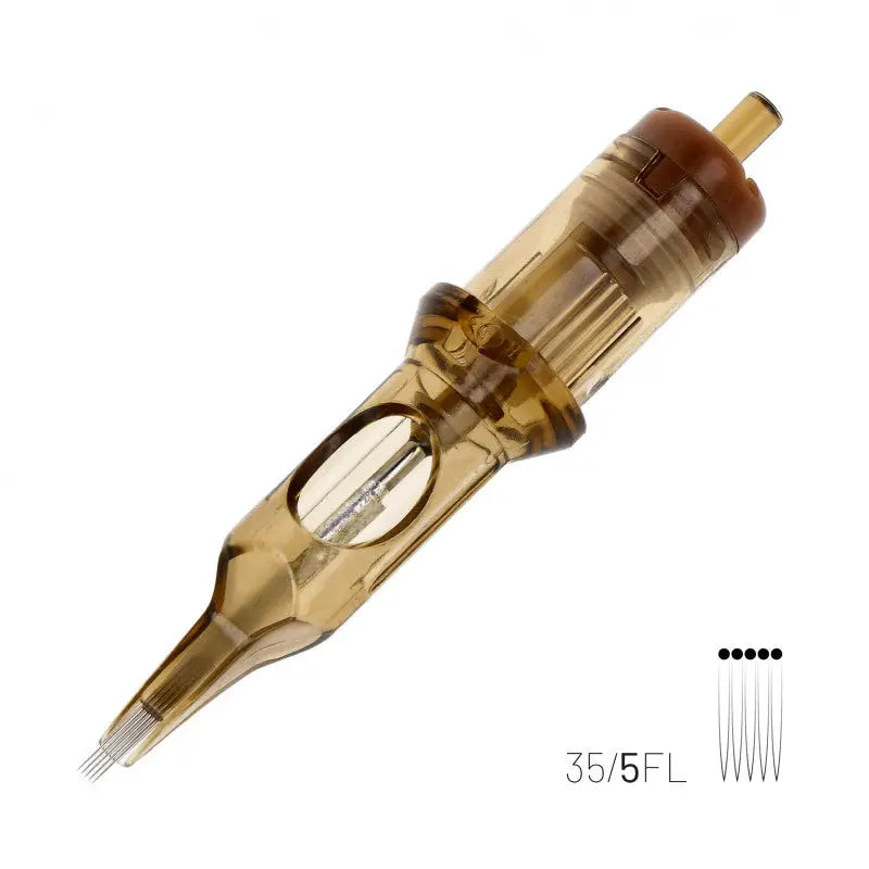 Kwadron flat shader tattoo needle cartridge transparent amber with brown cap and metallic tip labeled 35/5fl