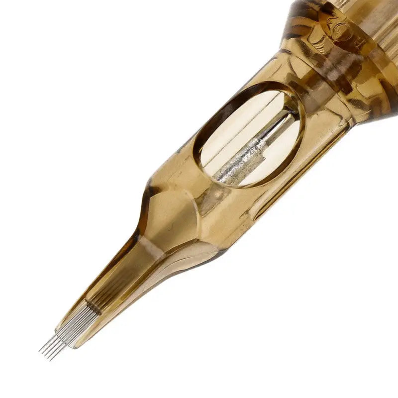 Kwadron flat shader tattoo needle cartridge transparent amber with metallic tip and fine sharp needles