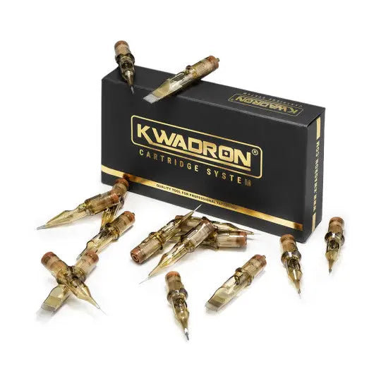 Kwadron magnum tattoo cartridge system with gold-toned metallic tips and transparent plastic bodies