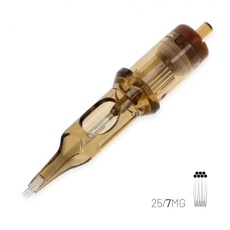 Kwadron magnum tattoo needle cartridge transparent amber color with brown cap and metallic tips for professional use