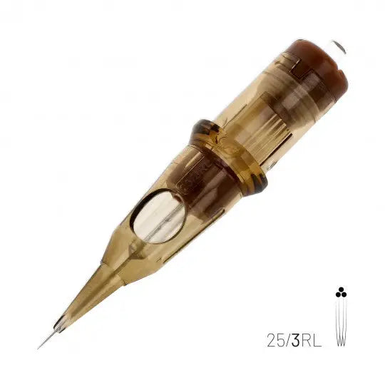 Transparent amber-colored kwadron round liner tattoo cartridge needle with metallic tip and brown plastic housing