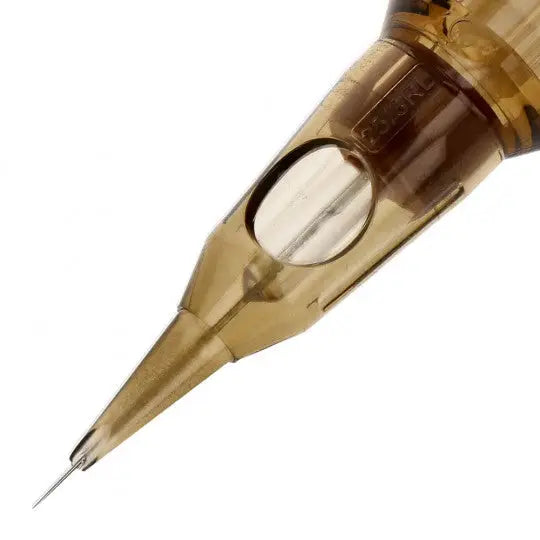 Transparent amber-colored kwadron round liner tattoo machine needle cartridge with metallic tip for precise lining
