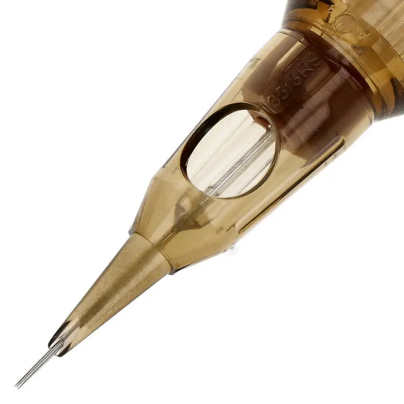 Kwadron round shader tattoo cartridge with transparent amber body metallic tip and internal spring mechanism