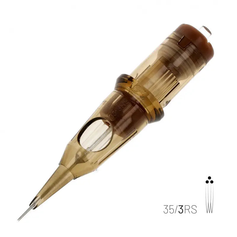Transparent amber-colored kwadron round shader tattoo needle cartridge with brown cap and metallic tip
