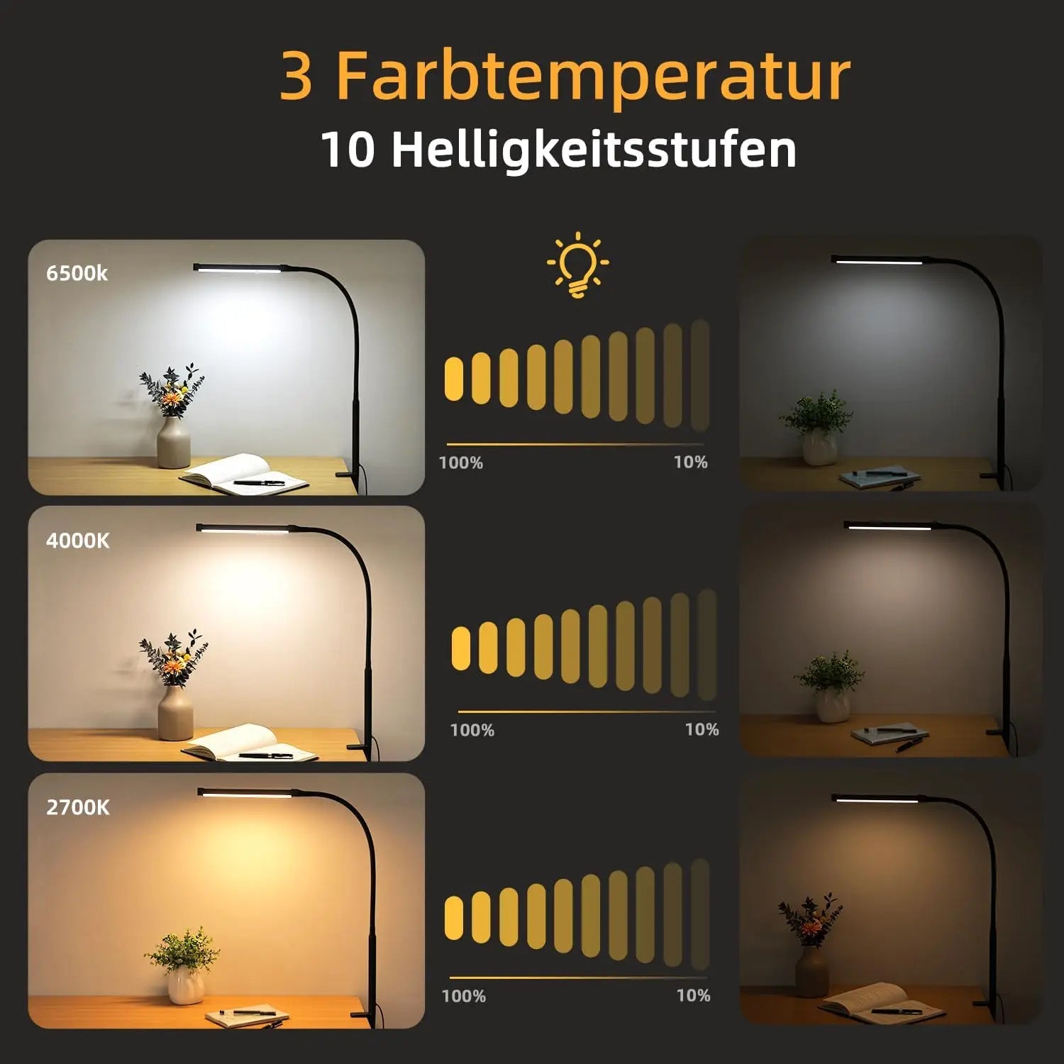 alt
LIBORA LED-Schreibtischlampe mit verstellbarem, elegantem schwarzem Metallrahmen, LED-Lichtleiste, drei Farbtemperaturen und zehn Helligkeitsstufen