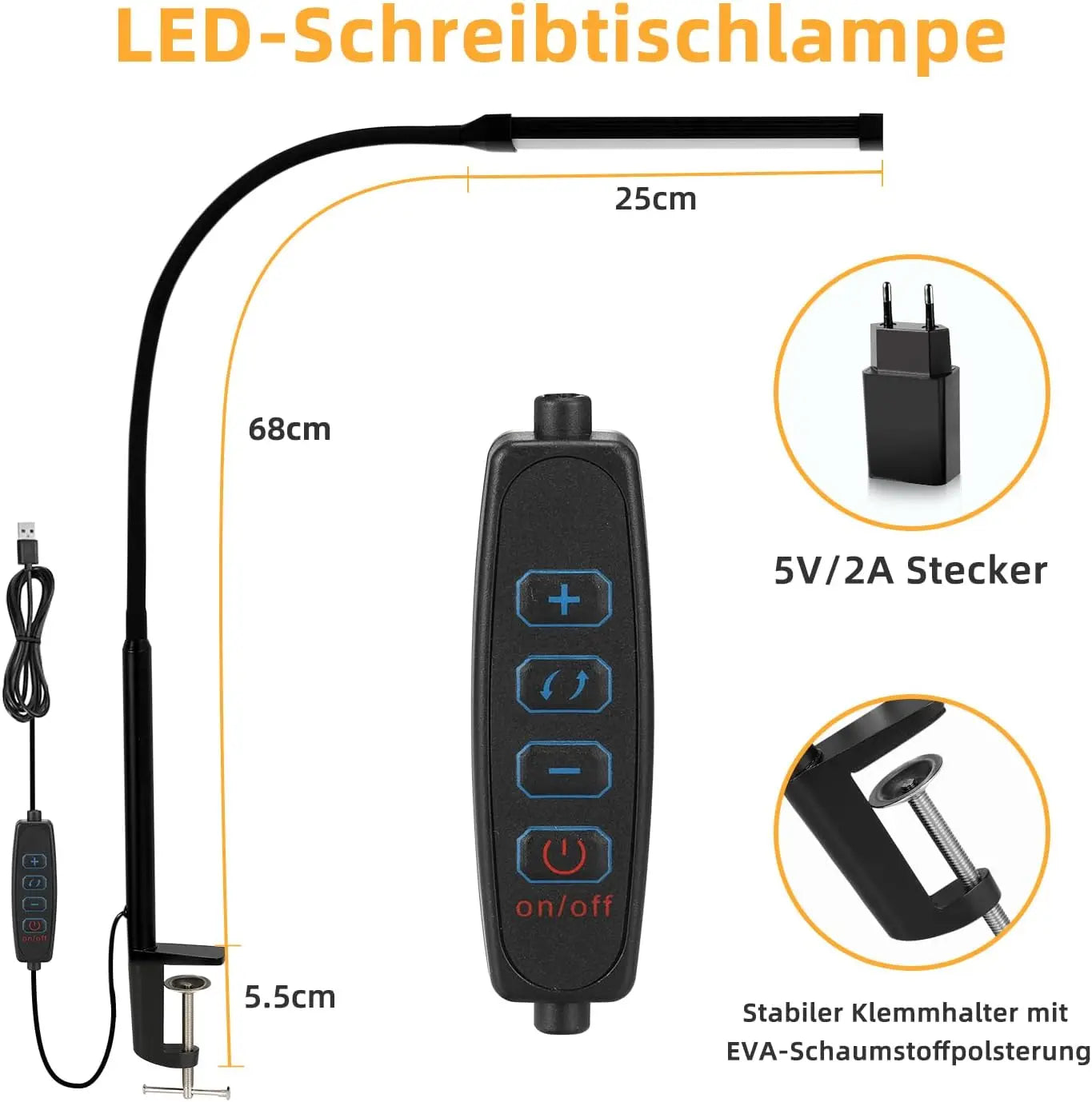 LIBORA LED-Tischlampe in Schwarz mit flexiblem Schwanenhals und blau beleuchtetem Bedienfeld zur Helligkeits- und Farbanpassung