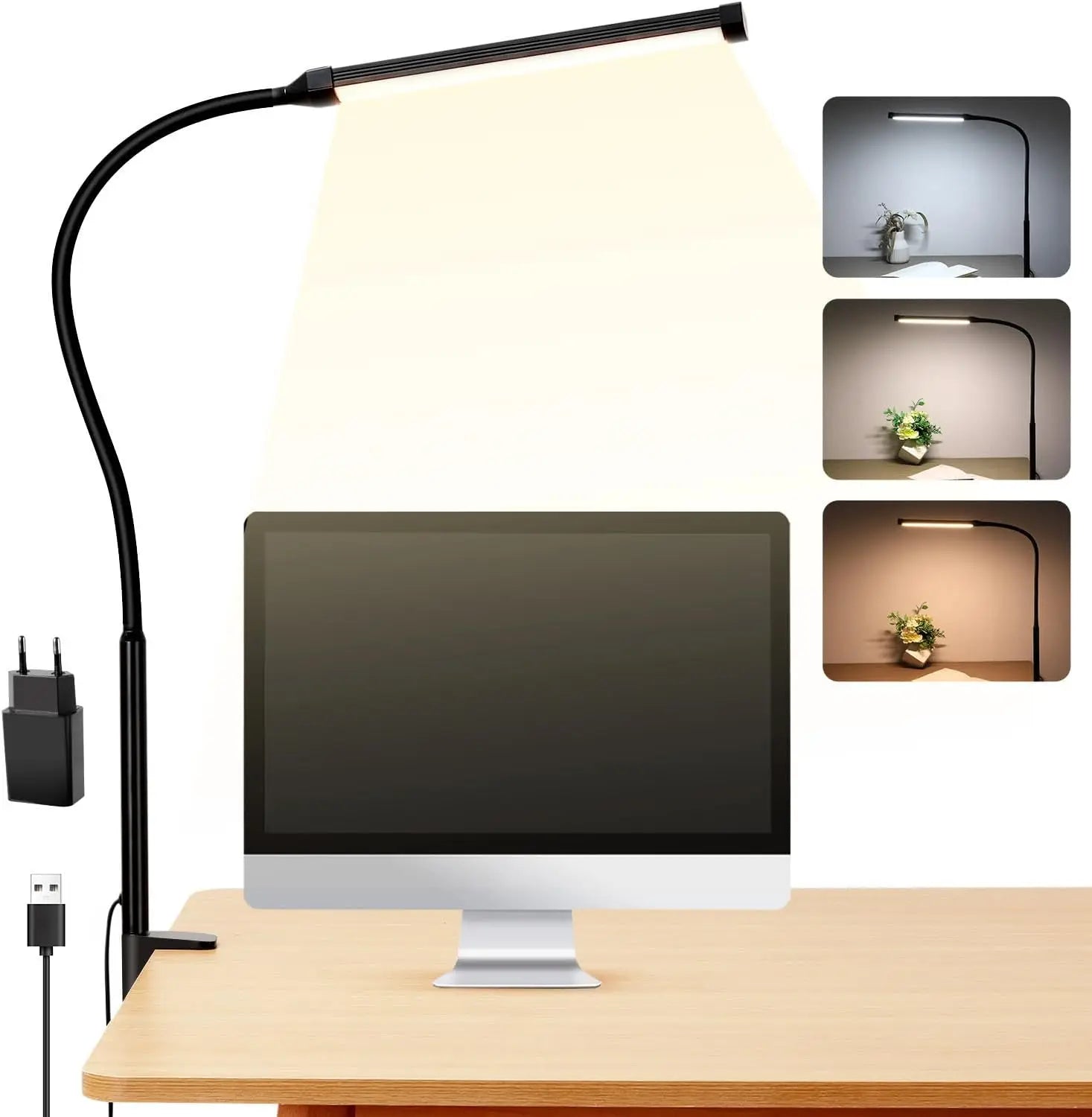 Schwarze flexible Schwanenhals-LED-Schreibtischlampe LIBORA mit einstellbarem Licht für die Computernutzung