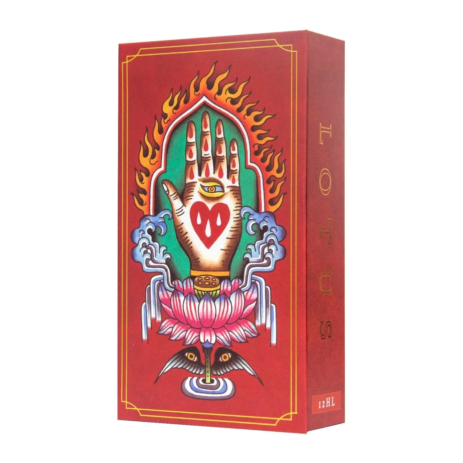 Red rectangular box of lotus bar needles featuring vibrant hand illustration with eye heart and lotus design