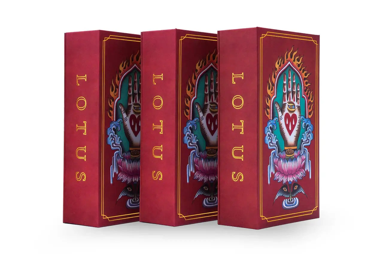 Three identical red lotus bar needles curved magnum boxes with gold embossed text and hand heart lotus flame design