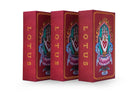 Three identical red lotus bar needles curved magnum boxes with gold embossed text and hand heart lotus flame design