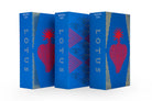 Blue hardcover books titled lots by manawa tapu with red heart illustrations and gold geometric borders for lotus bar needles