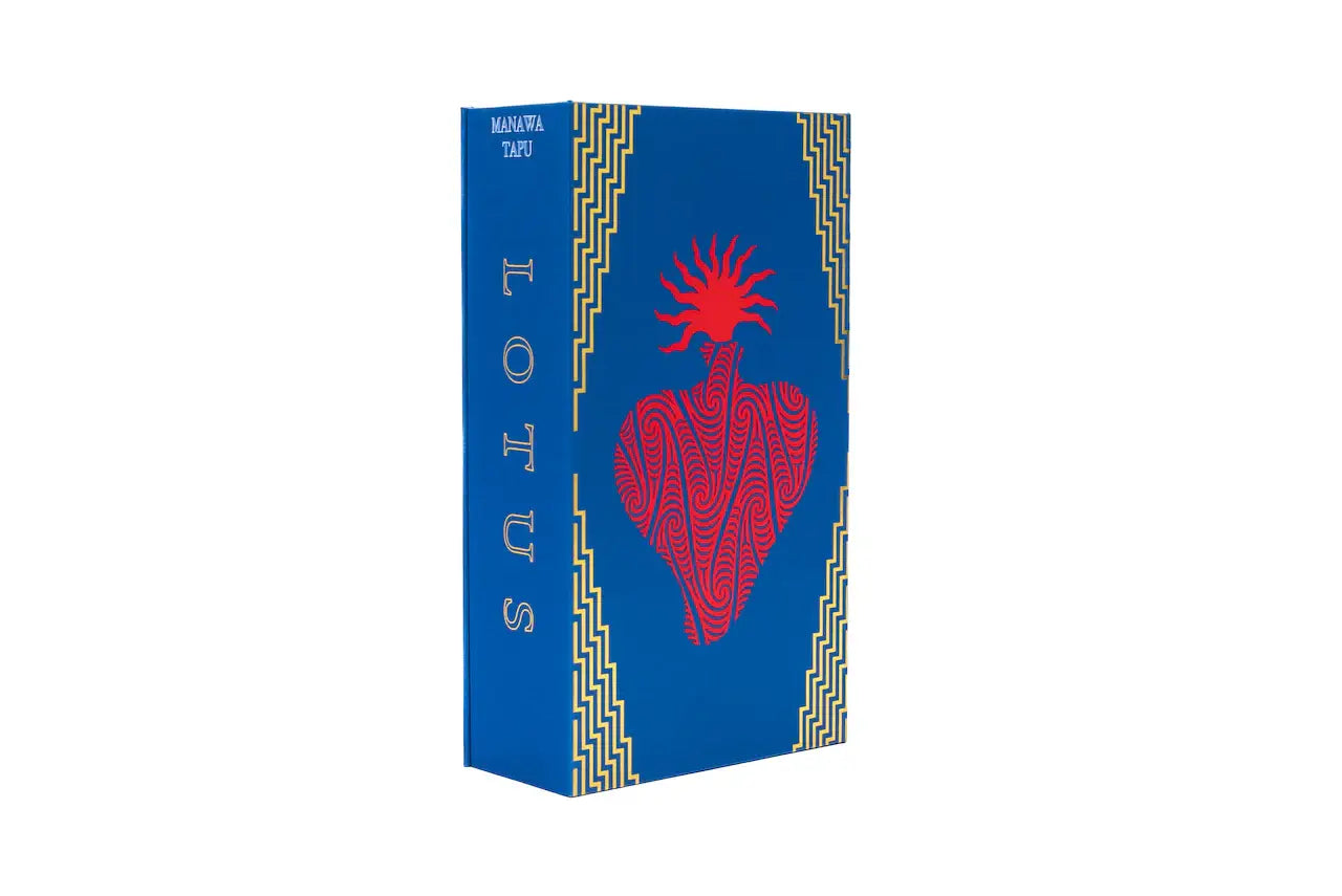 Blue hardcover book titled lots by manawa tapu with red heart and gold geometric borders in lotus bar needles product image