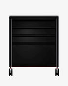 Schwarzer Metall-Rollwagen mit vier Schubladen und roten Akzentrollen für meta 2.0 Essential Workstation EU