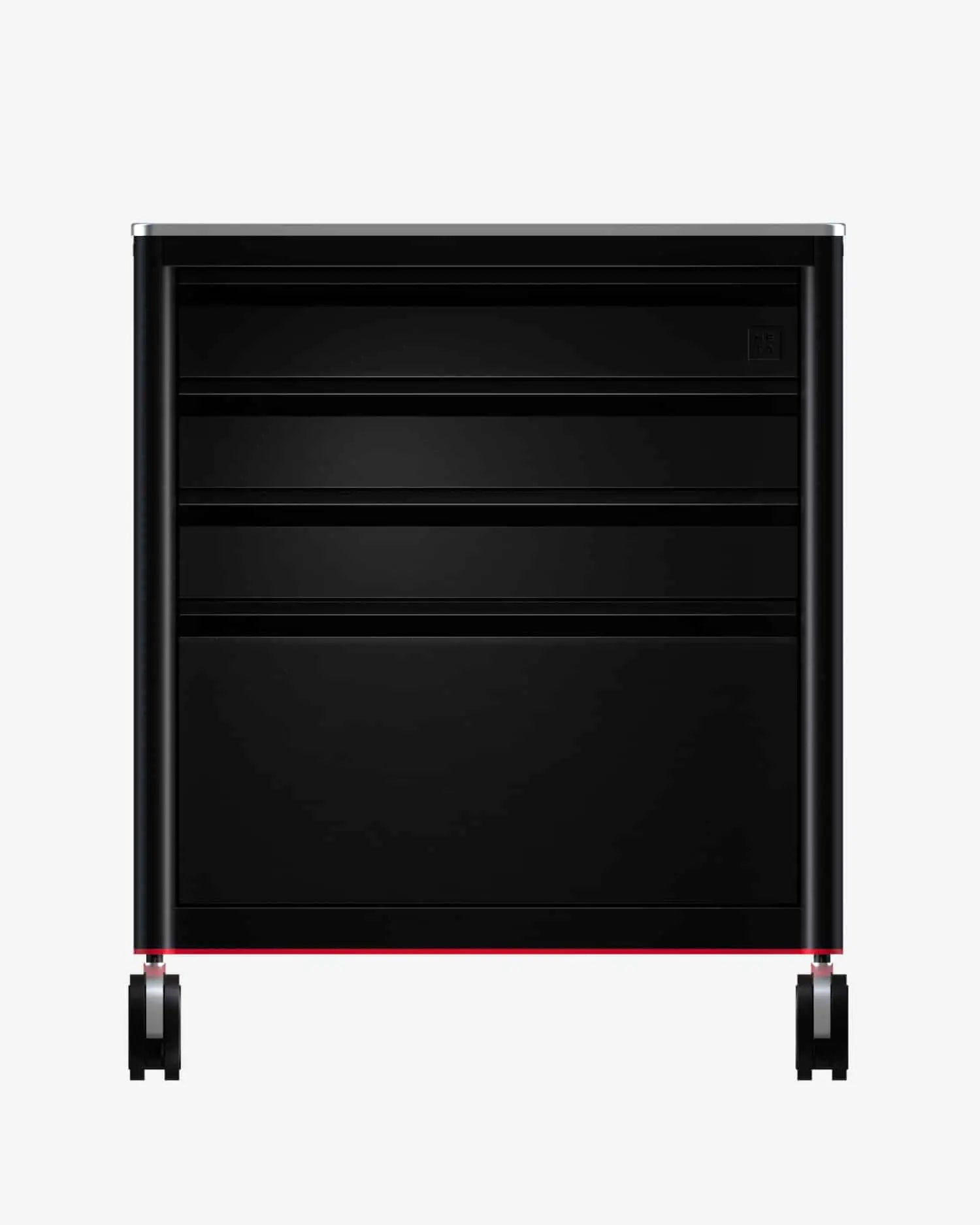 Schwarzer Metall-Rollwagen mit vier Schubladen und roten Akzentrollen für meta 2.0 Essential Workstation EU
