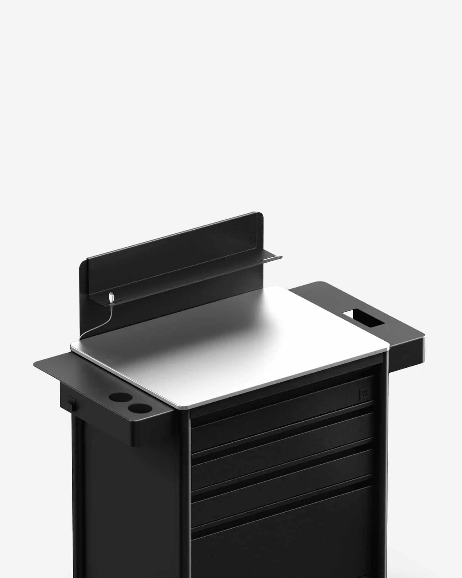 Schwarzer Metall-Servierwagen mit eleganter silberner Edelstahlplatte und integriertem Regal von Meta meta 2.0 Ultimate Pack EU