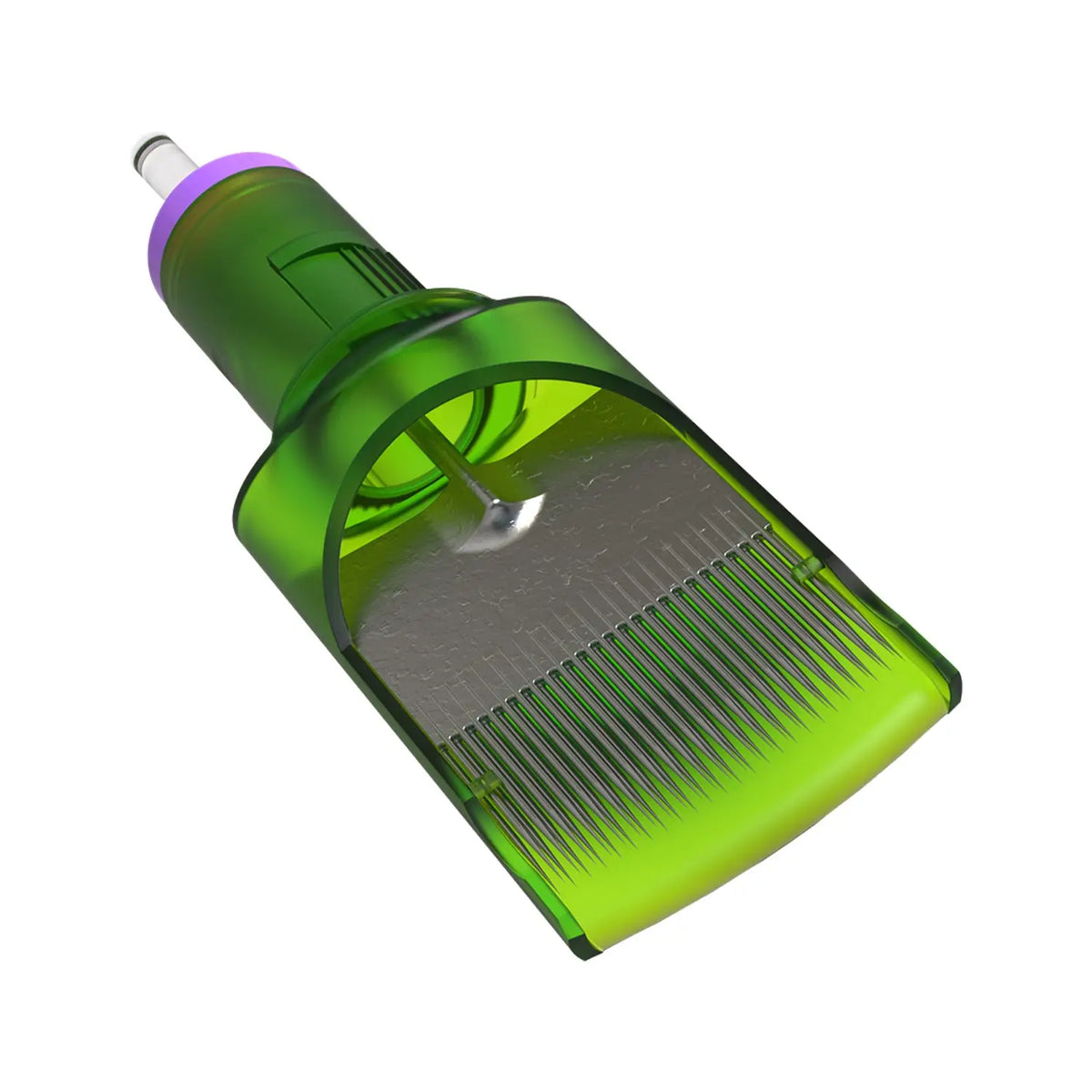 Green translucent plastic metrix signature needle cartridges with purple cap and visible metallic needles for tattooing