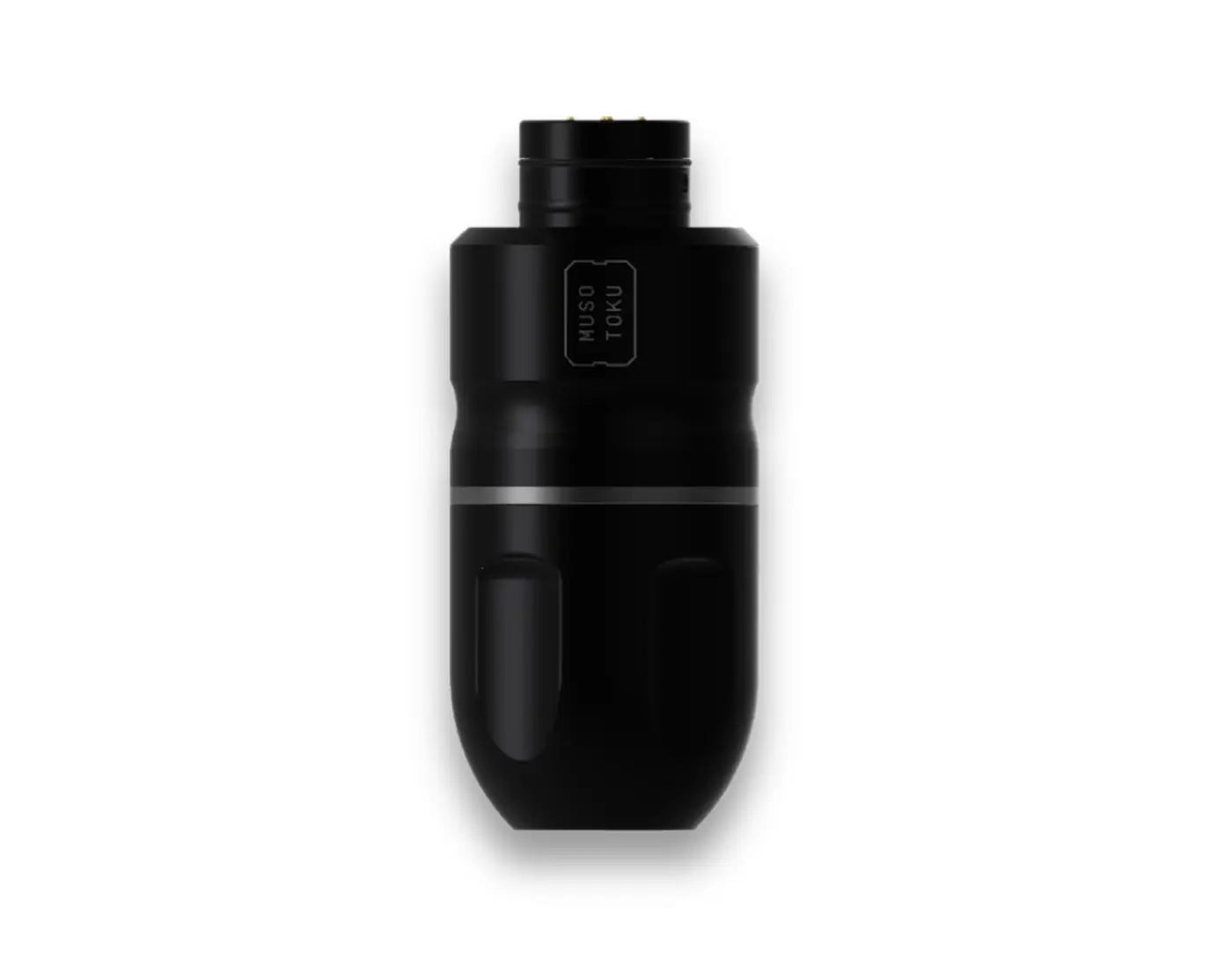 Black cylindrical wireless tattoo machine with silver accent band and muso toku branding for professional use