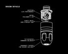 Black and white line drawing of musotoku mercury m-1 wireless tattoo machine with labeled heatsink motor and ergonomic grip