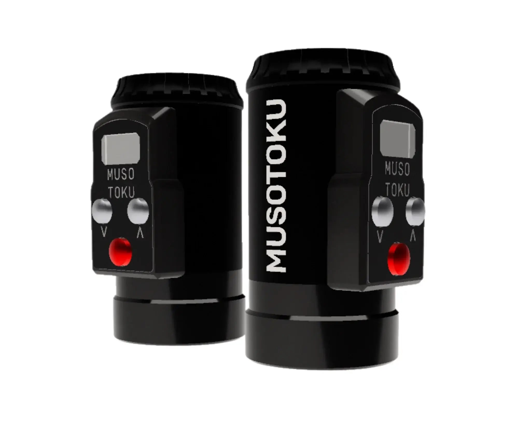 Musotoku universal R-1 black cylindrical battery pack with silver buttons and red indicator light fixture