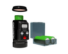 Black cylindrical musotoku universal r-1 light meter with green battery pack and digital display