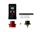 Black muso toku tattoo machine with red button and silver knobs and red fk and green rca adapters in musotoku universal r-1 battery pack