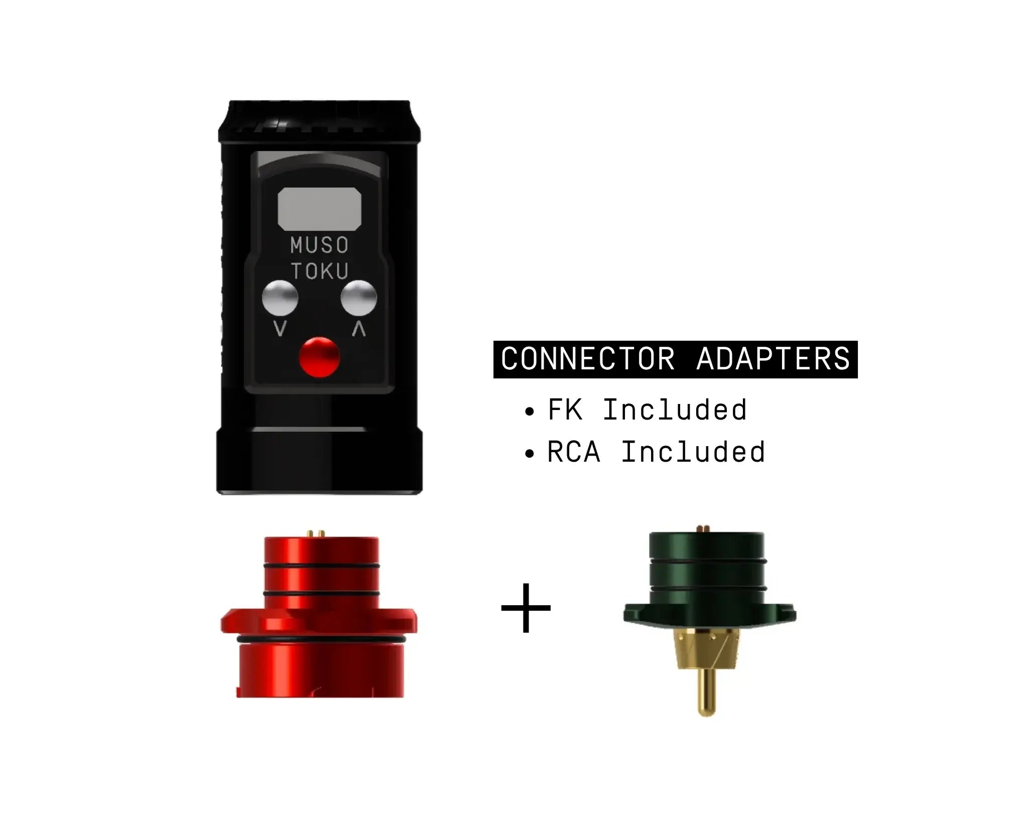 Black muso toku tattoo machine with red button and silver knobs and red fk and green rca adapters in musotoku universal r-1 battery pack