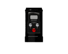 Black plastic musotoku universal r-1 remote control with silver buttons and red center button for battery pack use