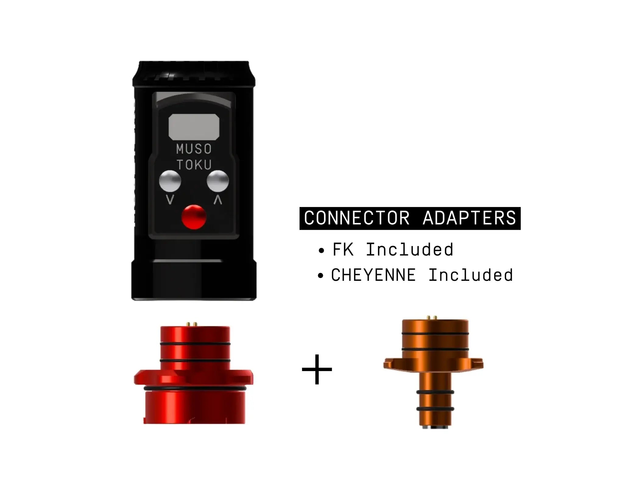 Musotoku universal R-1 black battery pack with digital display silver buttons red central button and red bronze adapters