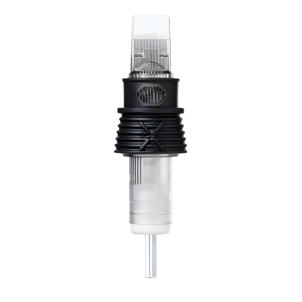 Schwarze und klare nexus Curved-Magnum-Tattoo-Nadel cartridge mit strukturiertem Griff und X-förmigem Design auf schwarzem Band