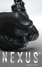 NEXUS round liner tattoo cartridge in black textured material with metallic tip held in gloved hands