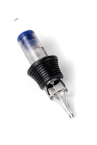 Clear plastic round liner tattoo needle cartridge with black textured grip and blue cap for precise ink application