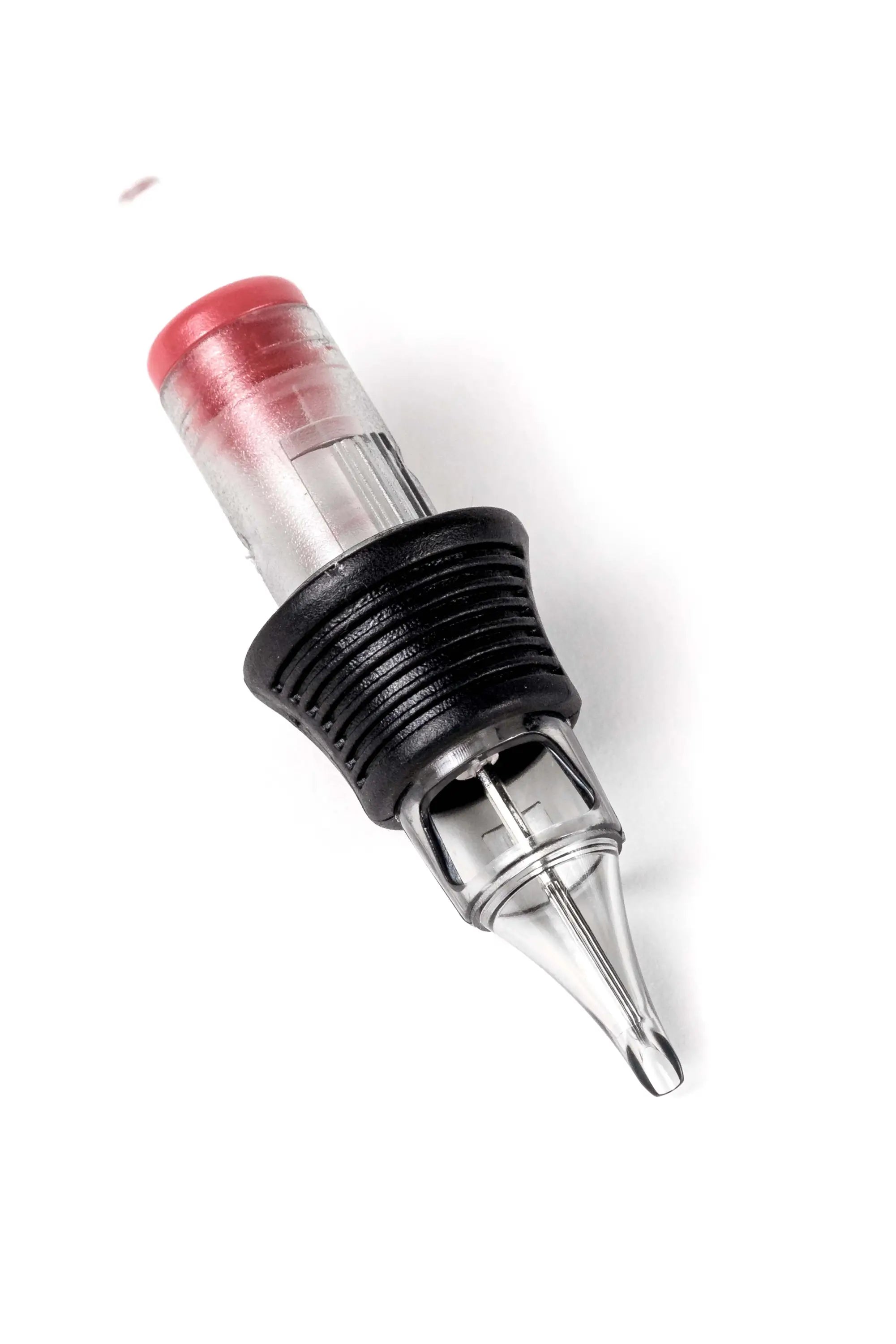 NEXUS clear glass round shader cartridge with red cap and black textured grip for tattoo machines