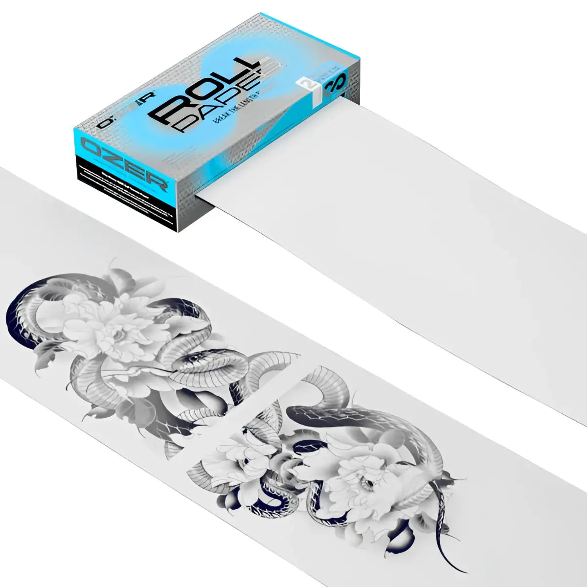 A sleek rectangular box of ozer thermal paper rolls with vibrant blue silver design and bold black lettering