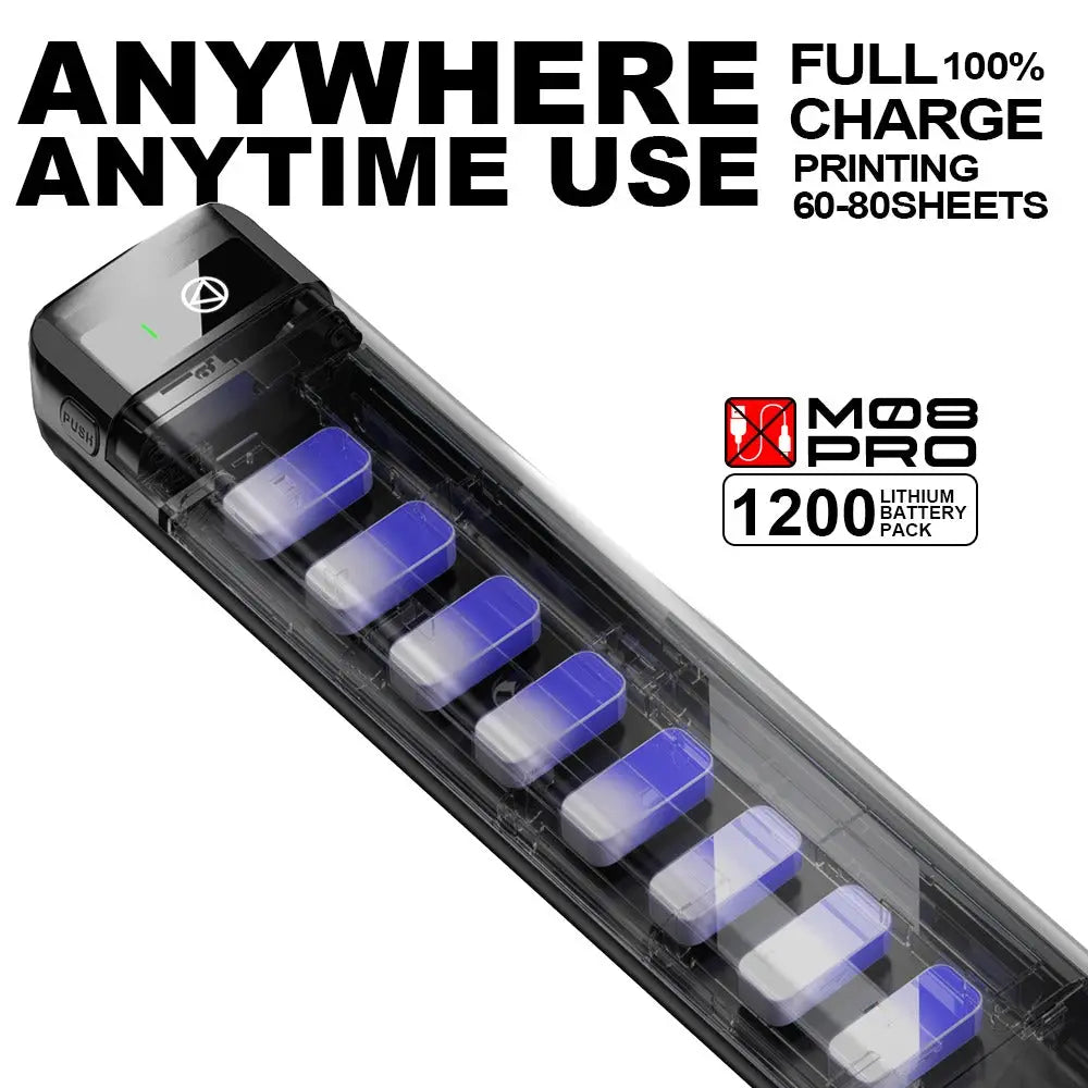 Black m08 pro 1200mah lithium battery pack with transparent casing showing seven blue to white gradient cells for ozer wireless quick thermal stencil printer