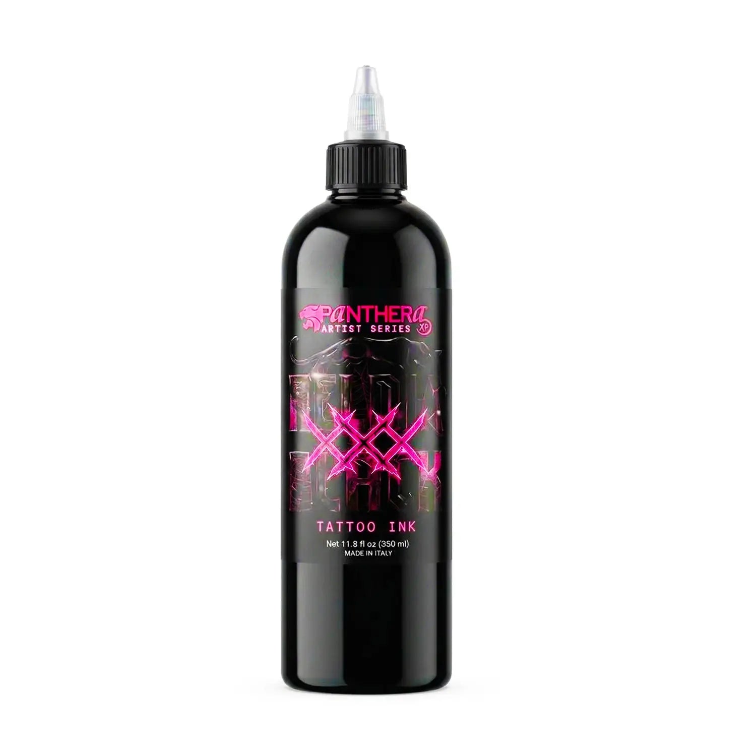 Black plastic bottle of panthera artist series xxx drawing ink with vibrant pink and black neon-style label for drawing ink use