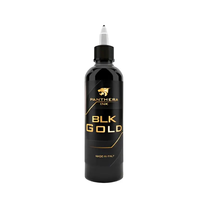 Black bottle of panthera ink blk gold tattoo ink with gold lettering and white cap 150 ml container