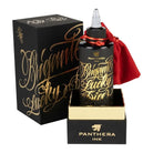 Black glass bottle of panthera ink with gold script labeling and red drawstring pouch for brigante lucky dice 200ml
