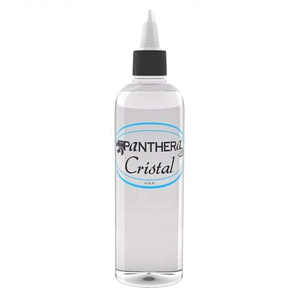 Clear plastic shading solution bottle with black cap and white dropper labeled panthera cristal in blue oval design