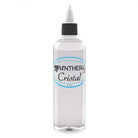 Bouteille de solution de teinture en plastique transparent avec bouchon noir et compte-gouttes blanc, étiquetée panthera cristal dans un design ovale bleu