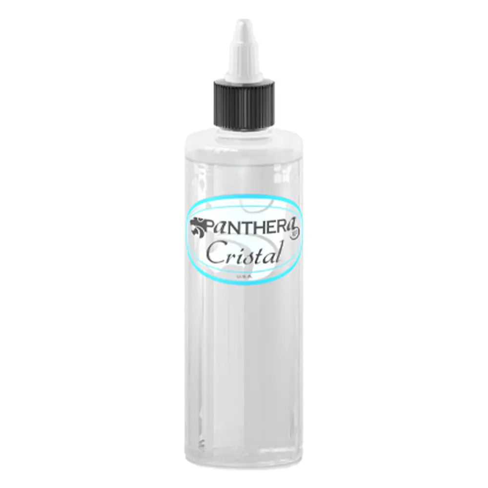 Clear plastic shading solution bottle panthera cristal with black cap and white dropper tip labeled on light blue sticker