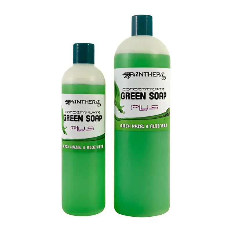 Two green plastic bottles of panthera green soap concentrate with witch hazel and aloe vera in 1000ml and smaller size