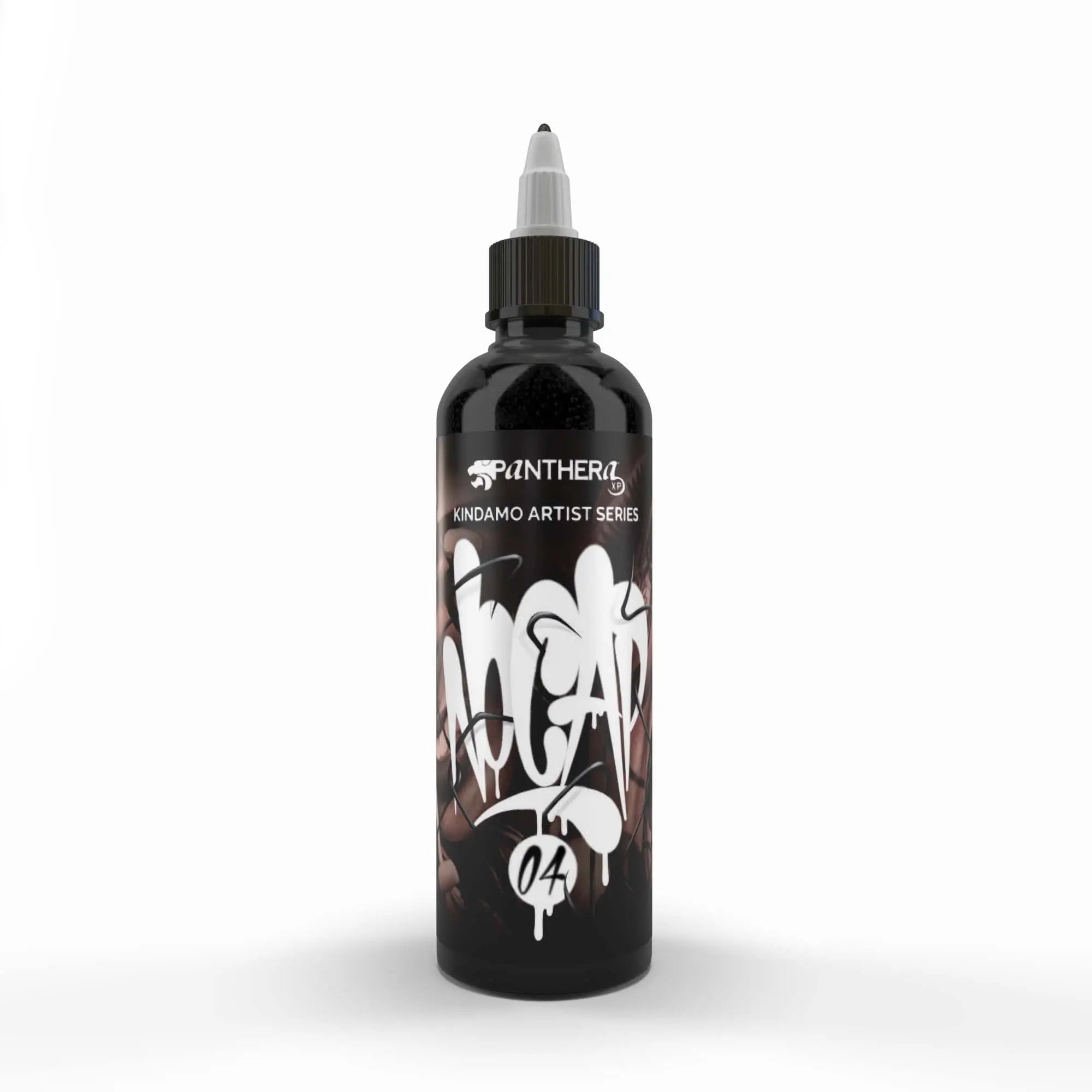 Black panthera kindamo artist series ink bottle with white graffiti lettering and black cap for creative use