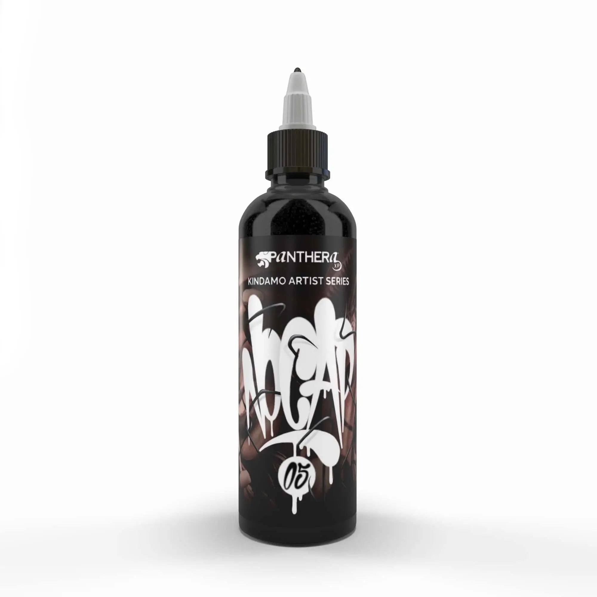 Black plastic bottle with white and black graffiti label panthera kindamo artist series number 05 in panthera kindamo no cap product