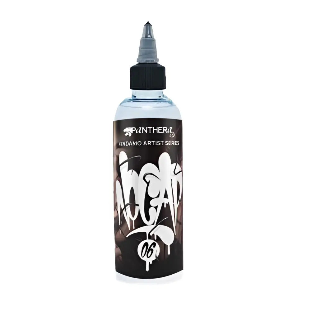 Black and white graffiti style panthera kindamo artist series ink bottle with clear plastic body and black cap