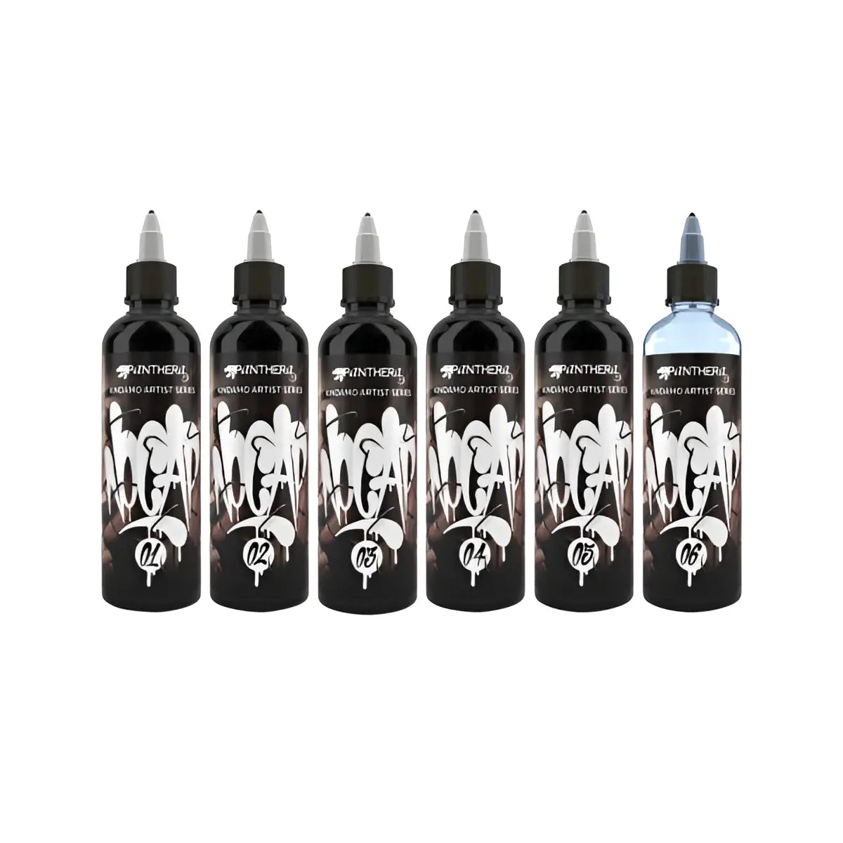 Six black ink bottles with white graffiti style anthral labels and clear caps from panthera kindamo no cap collection