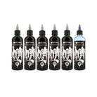 Six black ink bottles with white graffiti style anthral labels and clear caps from panthera kindamo no cap collection