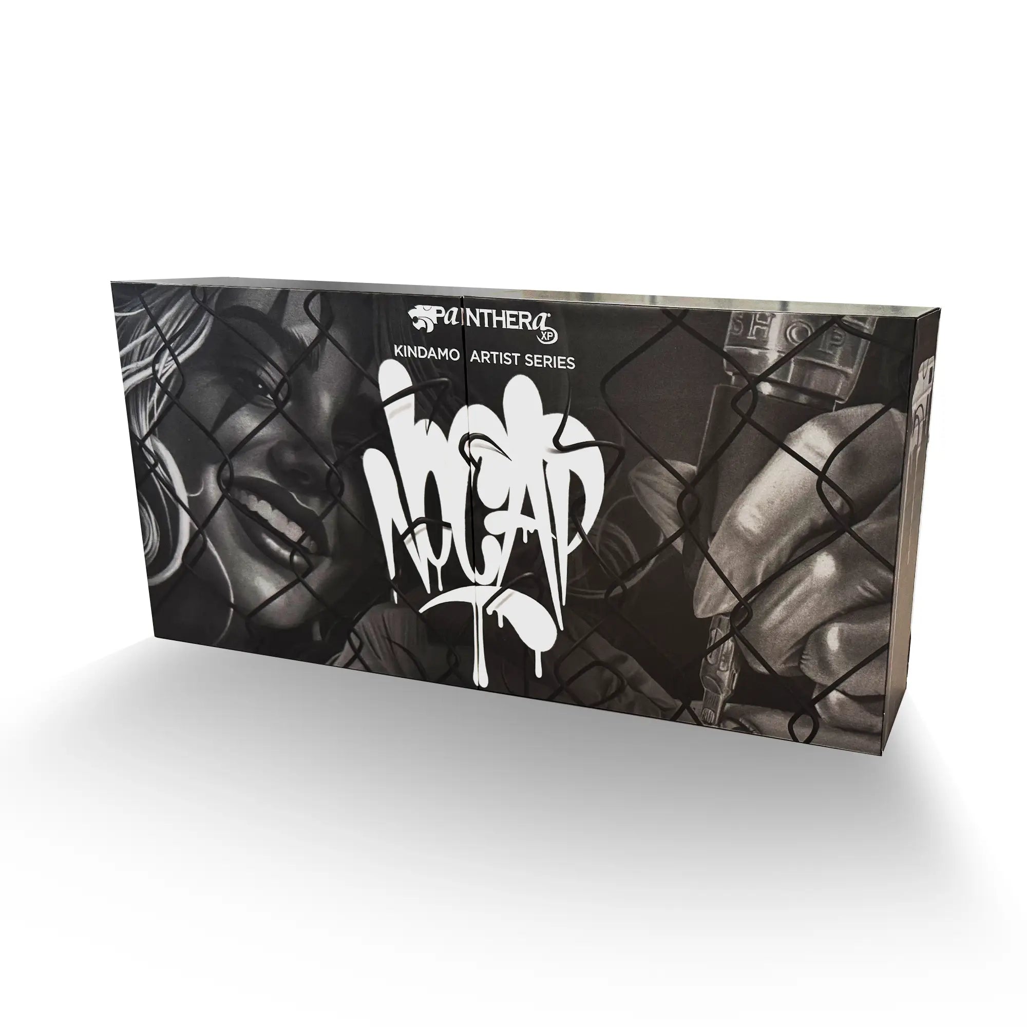 Black and white graffitied box featuring bold dripping nogad lettering for panthera kindamo no cap product