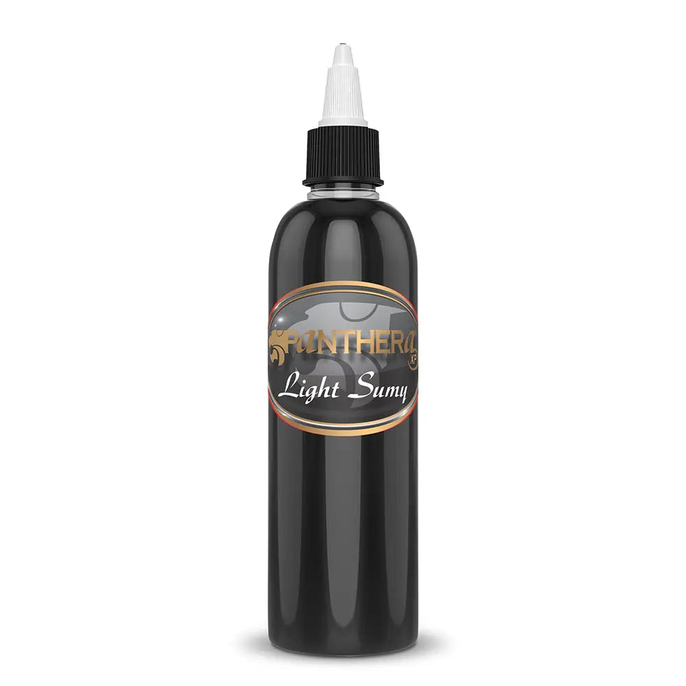 Black plastic bottle with black ribbed cap and white nozzle labeled panthera light sunny shader 150ml