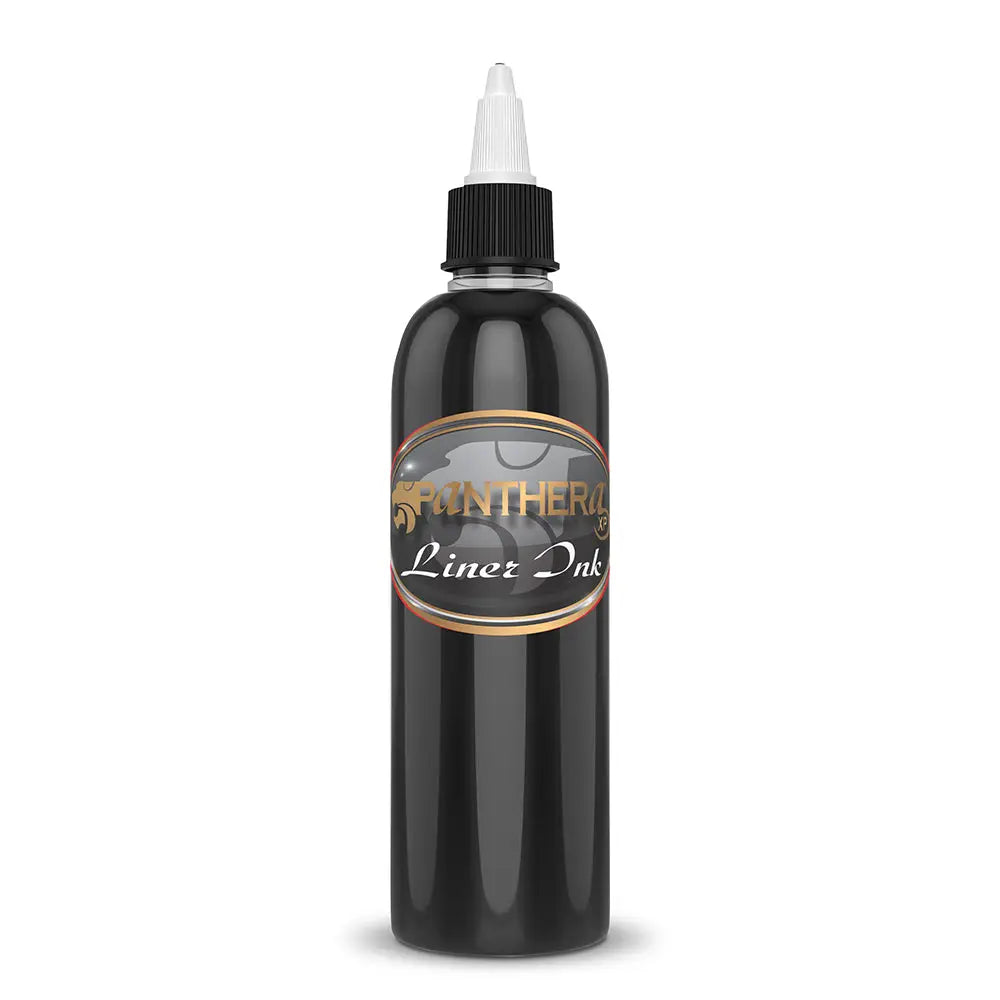 Black Panthera liner ink bottle with clear plastic body black ribbed cap and white precision tip for detailed application